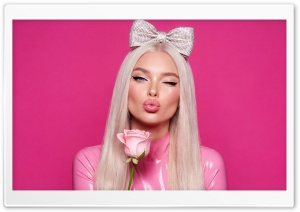 Barbie-like Platinum Blonde Model Kiss Pose 4K UHD Wallpaper for Widescreen and UltraWide Desktop, UltraHD TV, Smartphone, Tablet