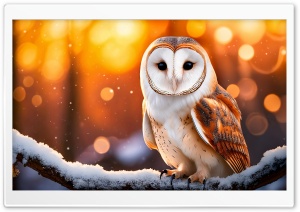 Barn Owl Resting on a Snowy Branch in Warm Sun Glow 4K UHD Wallpaper for Widescreen and UltraWide Desktop, UltraHD TV, Smartphone, Tablet