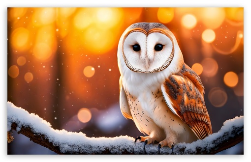 Barn Owl Resting on a Snowy Branch in Warm Sun Glow UltraHD Wallpaper for UHD 16:9 ; HD 16:9 ; Widescreen 16:10 5:3 ; Fullscreen 4:3 5:4 3:2 ; Tablet 1:1 ;