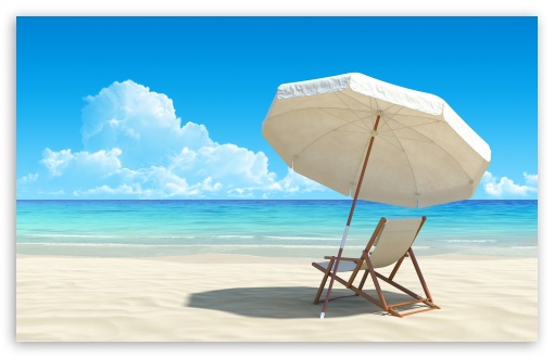 Beach umbrella and deckchair by the sea UltraHD Wallpaper for UHD 16:9 ; HD 16:9 ; UltraWide 21:9 24:10 ; Widescreen 16:10 5:3 ; Fullscreen 4:3 5:4 3:2 ; Tablet 1:1 ; Mobile 9:16 9:19.5 9:20 10:16 2:3 3:5 3:4 ;