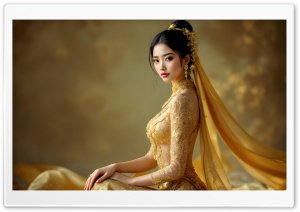 Beautiful Asiatic Bride Dressed in a Golden Dress Ultra HD Wallpaper for 4K UHD Widescreen Desktop, Lockscreen, Screensaver, TV, Tablet, Smartphone