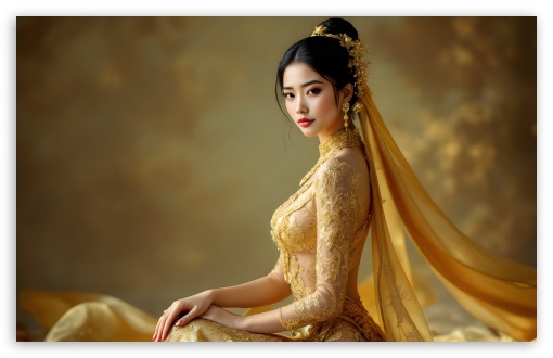 Beautiful Asiatic Bride Dressed in a Golden Dress UltraHD Wallpaper for UltraWide 21:9 24:10 ; Widescreen 16:10 5:3 ; Fullscreen 4:3 5:4 3:2 ; Tablet 1:1 ; Mobile 9:16 9:19.5 9:20 9:21 9:22 10:16 2:3 3:5 3:4 ;