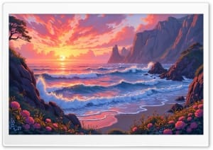 Beautiful Beach Sunset Illustration Landscape 4K UHD Wallpaper for Widescreen and UltraWide Desktop, UltraHD TV, Smartphone, Tablet