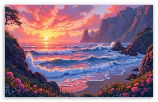 Beautiful Beach Sunset Illustration Landscape UltraHD Wallpaper for UHD 16:9 ; HD 16:9 ; UltraWide 21:9 24:10 ; Widescreen 16:10 ; Tablet 1:1 ;