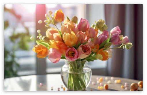 Beautiful Colorful Tulips in a Vase UltraHD Wallpaper for UHD 16:9 ; HD 16:9 ; UltraWide 21:9 24:10 32:9 32:10 ; Widescreen 16:10 5:3 ; Fullscreen 4:3 5:4 3:2 ; Tablet 1:1 ; Mobile 9:16 9:19.5 9:20 10:16 2:3 3:5 3:4 ; Dual 16:10 5:3 16:9 4:3 5:4 3:2 ;