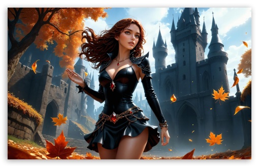 Beautiful Girl in Black Dress, Castle, Autumn UltraHD Wallpaper for UHD 16:9 ; HD 16:9 ; UltraWide 21:9 24:10 32:9 32:10 ; Widescreen 16:10 5:3 ; Fullscreen 4:3 5:4 3:2 ; Tablet 1:1 ; Mobile 9:16 9:19.5 9:20 10:16 2:3 3:5 3:4 ; Dual 16:10 5:3 16:9 4:3 5:4 3:2 ;