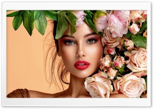 Beautiful Girl, Roses, Flowers, Red Lips, Beautiful Eyes 4K UHD Wallpaper for Widescreen and UltraWide Desktop, UltraHD TV, Smartphone, Tablet