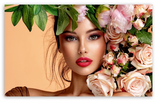 Beautiful Girl, Roses, Flowers, Red Lips, Beautiful Eyes UltraHD Wallpaper for HD 16:9 ; UltraWide 21:9 24:10 ; Widescreen 16:10 5:3 ; Fullscreen 4:3 5:4 3:2 ; Tablet 1:1 ; Mobile 9:16 9:19.5 9:20 10:16 2:3 3:5 3:4 ;