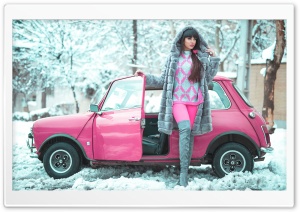 Beautiful Girl, Winter, Pink Retro Small Car Ultra HD Wallpaper for 4K UHD Widescreen desktop, tablet & smartphone