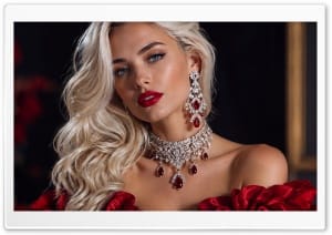 Beautiful Woman in Red Dress with Ruby Jewelry 4K UHD Wallpaper for Widescreen and UltraWide Desktop, UltraHD TV, Smartphone, Tablet
