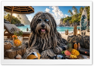 Bergamasco Sheepdog on the Beach 4K UHD Wallpaper for Widescreen and UltraWide Desktop, UltraHD TV, Smartphone, Tablet