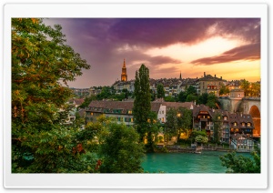 Bern, Switzerland, Aare River Sunset Panorama 4K UHD Wallpaper for Widescreen and UltraWide Desktop, UltraHD TV, Smartphone, Tablet