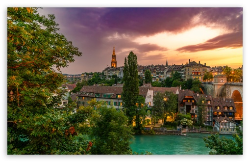 Bern, Switzerland, Aare River Sunset Panorama UltraHD Wallpaper for UHD 16:9 ; HD 16:9 ; UltraWide 21:9 24:10 ; Widescreen 16:10 5:3 ; Fullscreen 4:3 5:4 3:2 ; Tablet 1:1 ; Mobile 9:16 9:19.5 9:20 9:21 9:22 10:16 2:3 3:5 3:4 ;