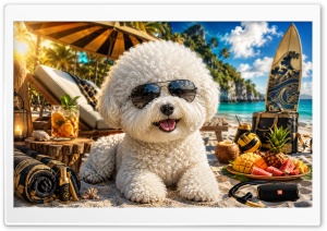 Bichon Frise Dog on the Beach 4K UHD Wallpaper for Widescreen and UltraWide Desktop, UltraHD TV, Smartphone, Tablet