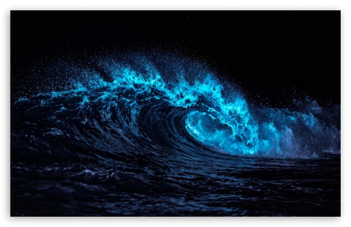 Bioluminescent Wave Crashing at Night UltraHD Wallpaper for UHD 16:9 ; HD 16:9 ; UltraWide 21:9 24:10 32:9 32:10 ; Widescreen 16:10 ; Tablet 1:1 ; Mobile 9:16 9:19.5 9:20 ; Dual 16:10 16:9 ;