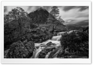 Black and White Buachaille Etive Mor Mountain Waterfall Landscape Ultra HD Wallpaper for 4K UHD Widescreen desktop, tablet & smartphone