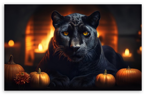 Black Panther Animal, Pumpkins, Autumn Season UltraHD Wallpaper for UHD 16:9 ; HD 16:9 ; Widescreen 16:10 5:3 ; Fullscreen 4:3 5:4 3:2 ; Tablet 1:1 ;