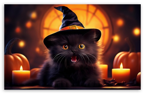 Black Witch Cat Halloween UltraHD Wallpaper for UHD 16:9 ; HD 16:9 ; UltraWide 21:9 24:10 ; Widescreen 16:10 5:3 ; Fullscreen 4:3 5:4 3:2 ; Tablet 1:1 ; Mobile 9:16 9:19.5 9:20 9:21 9:22 10:16 2:3 3:5 3:4 ;