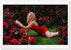 Blonde Woman in Red Dress Surrounded by Roses 4K UHD Wallpaper for Widescreen and UltraWide Desktop, UltraHD TV, Smartphone, Tablet