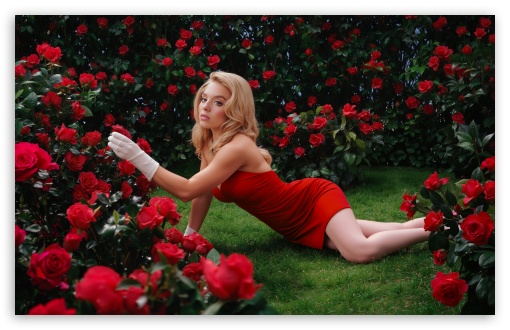 Blonde Woman in Red Dress Surrounded by Roses UltraHD Wallpaper for UHD 16:9 ; HD 16:9 ; UltraWide 21:9 24:10 32:9 32:10 ; Widescreen 16:10 5:3 ; Fullscreen 4:3 5:4 3:2 ; Tablet 1:1 ; Mobile 9:16 10:16 2:3 3:5 3:4 ; Dual 16:10 5:3 16:9 4:3 5:4 3:2 ;