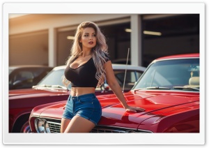 Blonde Woman, Red Classic Car, Collectible, Summer 4K UHD Wallpaper for Widescreen and UltraWide Desktop, UltraHD TV, Smartphone, Tablet