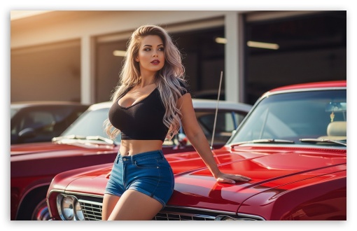 Blonde Woman, Red Classic Car, Collectible, Summer UltraHD Wallpaper for HD 16:9 ; UltraWide 21:9 ; Widescreen 16:10 5:3 ; Fullscreen 4:3 5:4 3:2 ; Tablet 1:1 ; Mobile 9:16 10:16 2:3 3:5 3:4 ;