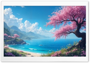 Blossom Trees on Coastal Cliff Turquoise Sea 4K UHD Wallpaper for Widescreen and UltraWide Desktop, UltraHD TV, Smartphone, Tablet