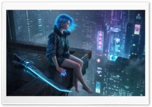 Blue Haired Cybergirl Overlooking Cyberpunk City 4K UHD Wallpaper for Widescreen and UltraWide Desktop, UltraHD TV, Smartphone, Tablet