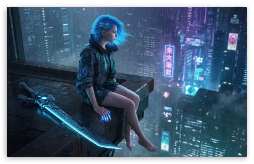 Blue Haired Cybergirl Overlooking Cyberpunk City UltraHD Wallpaper for UHD 16:9 ; HD 16:9 ; UltraWide 21:9 24:10 ; Widescreen 16:10 ; Tablet 1:1 ; Mobile 9:16 9:19.5 9:20 ;