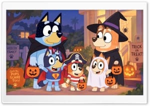 Bluey Family Halloween Night 4K UHD Wallpaper for Widescreen and UltraWide Desktop, UltraHD TV, Smartphone, Tablet