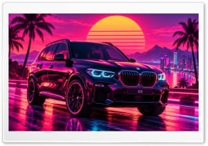 BMW X5 Synthwave Retro Outrun Car Illustration 4K UHD Wallpaper for Widescreen and UltraWide Desktop, UltraHD TV, Smartphone, Tablet