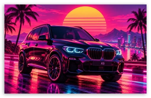 BMW X5 Synthwave Retro Outrun Car Illustration UltraHD Wallpaper for UHD 16:9 ; HD 16:9 ; UltraWide 21:9 24:10 ; Widescreen 16:10 ;