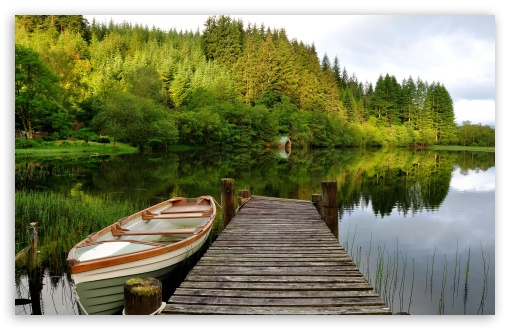 Boat In Green Lake With Wooden Bridge UltraHD Wallpaper for HD 16:9 ; Widescreen 16:10 5:3 ; Fullscreen 3:2 ;