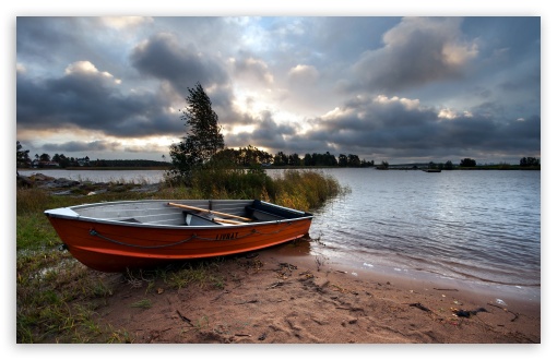 Boat On Wet Sand Beside Lake UltraHD Wallpaper for HD 16:9 ; Widescreen 16:10 5:3 ; Fullscreen 4:3 5:4 3:2 ; Tablet 1:1 ;