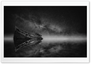 Boat Wreck Mist, Night, Milky Way Galaxy, Stars, Black and White Ultra HD Wallpaper for 4K UHD Widescreen desktop, tablet & smartphone