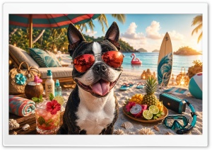 Boston Terrier Dog on the Beach 4K UHD Wallpaper for Widescreen and UltraWide Desktop, UltraHD TV, Smartphone, Tablet