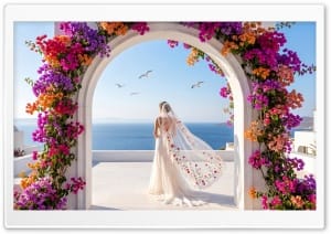 Bride at the Greek Sea View Marble Arch 4K UHD Wallpaper for Widescreen and UltraWide Desktop, UltraHD TV, Smartphone, Tablet