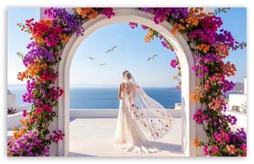 Bride at the Greek Sea View Marble Arch UltraHD Wallpaper for UHD 16:9 ; HD 16:9 ; UltraWide 21:9 24:10 ; Widescreen 16:10 ; Tablet 1:1 ; Mobile 9:16 9:19.5 9:20 9:21 9:22 ;