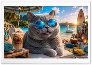 British Shorthair Cat on the Beach 4K UHD Wallpaper for Widescreen and UltraWide Desktop, UltraHD TV, Smartphone, Tablet