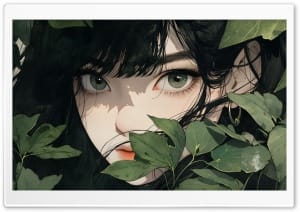Brunette Girl with Green Eyes Hidden Among Green Leaves 4K UHD Wallpaper for Widescreen and UltraWide Desktop, UltraHD TV, Smartphone, Tablet