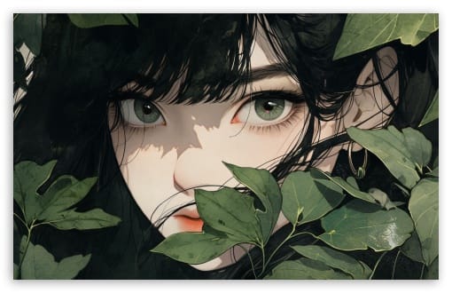Brunette Girl with Green Eyes Hidden Among Green Leaves UltraHD Wallpaper for UHD 16:9 ; HD 16:9 ; UltraWide 21:9 24:10 ; Widescreen 16:10 ; Tablet 1:1 ; Mobile 9:16 ;