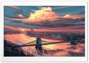 Budapest Chain Bridge Sunset Digital Painting Art 4K UHD Wallpaper for Widescreen and UltraWide Desktop, UltraHD TV, Smartphone, Tablet