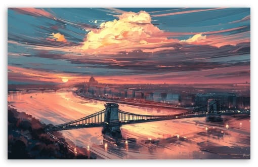 Budapest Chain Bridge Sunset Digital Painting Art UltraHD Wallpaper for UHD 16:9 ; HD 16:9 ; UltraWide 21:9 24:10 32:10 ; Widescreen 16:10 ; Dual 16:10 ;
