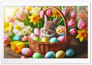 Bunny Easter Basket 2024 Spring Flowers, Tulips, Daffodils, Easter Eggs Ultra HD Wallpaper for 4K UHD Widescreen desktop, tablet & smartphone