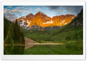 Calm, Lake, Maroon Bells, Peaks, Elk Mountains, Colorado, United States 4K UHD Wallpaper for Widescreen and UltraWide Desktop, UltraHD TV, Smartphone, Tablet