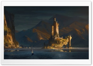 Castle Lit by a Warm Sunset Sky Painting 4K UHD Wallpaper for Widescreen and UltraWide Desktop, UltraHD TV, Smartphone, Tablet