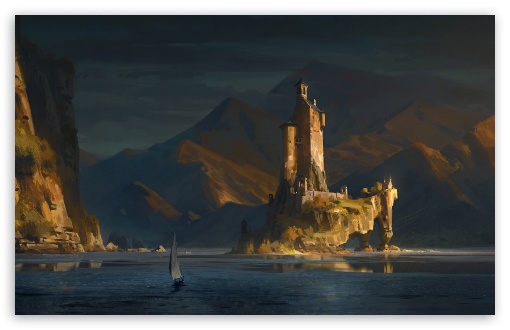 Castle Lit by a Warm Sunset Sky Painting UltraHD Wallpaper for UHD 16:9 ; HD 16:9 ; UltraWide 21:9 24:10 32:9 32:10 ; Widescreen 16:10 ; Tablet 1:1 ; Mobile 9:16 9:19.5 9:20 ; Dual 16:10 16:9 ;
