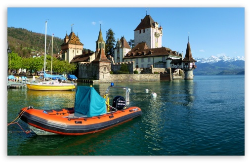 Castles Switzerland Boats Rivers Oberhofen UltraHD Wallpaper for HD 16:9 ; Widescreen 16:10 5:3 ;