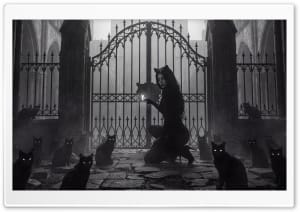 Cat Woman at Gothic Gate 4K UHD Wallpaper for Widescreen and UltraWide Desktop, UltraHD TV, Smartphone, Tablet