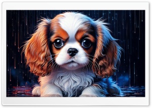 Cavalier King Charles Spaniel Puppy in the Rain Art 4K UHD Wallpaper for Widescreen and UltraWide Desktop, UltraHD TV, Smartphone, Tablet